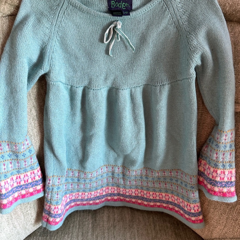 Mini Bode  Blue Sweater dress 3-4t  fair isle knit style pullover angora blend